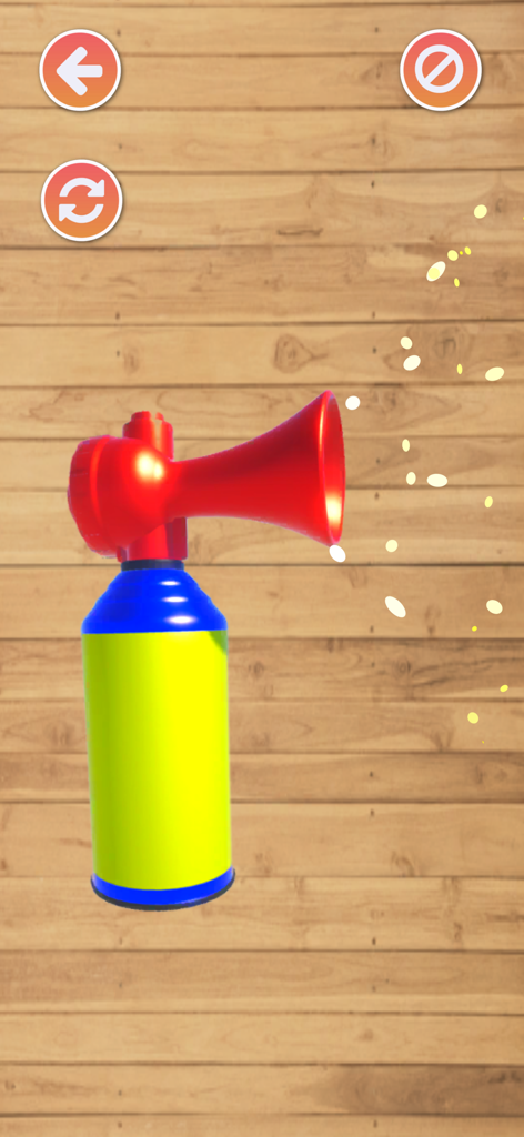 Loud Pocket Horns - A red digital air horn with a yellow and blue canister on a wooden background.