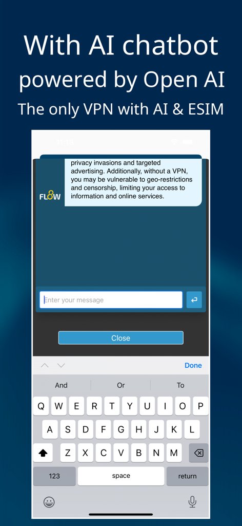 Flow VPN: Fast Secure VPN - Capture d'écran de l'application Flow VPN montrant l'interface du chatbot IA intégré pour les nomades numériques.