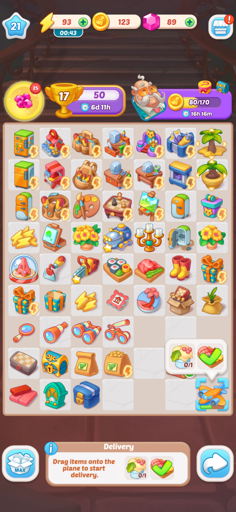 Mansion Tale: Merge Secrets - Gameplay screen of Mansion Tale Merge Secrets showing a grid of items to merge and a delivery quest.