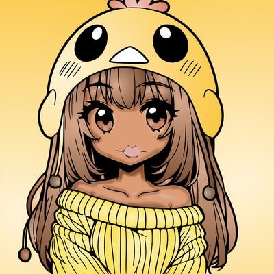 anime girl with chick shaped hat with sweater with bare shoulders with bangs covering them one eye with low tail