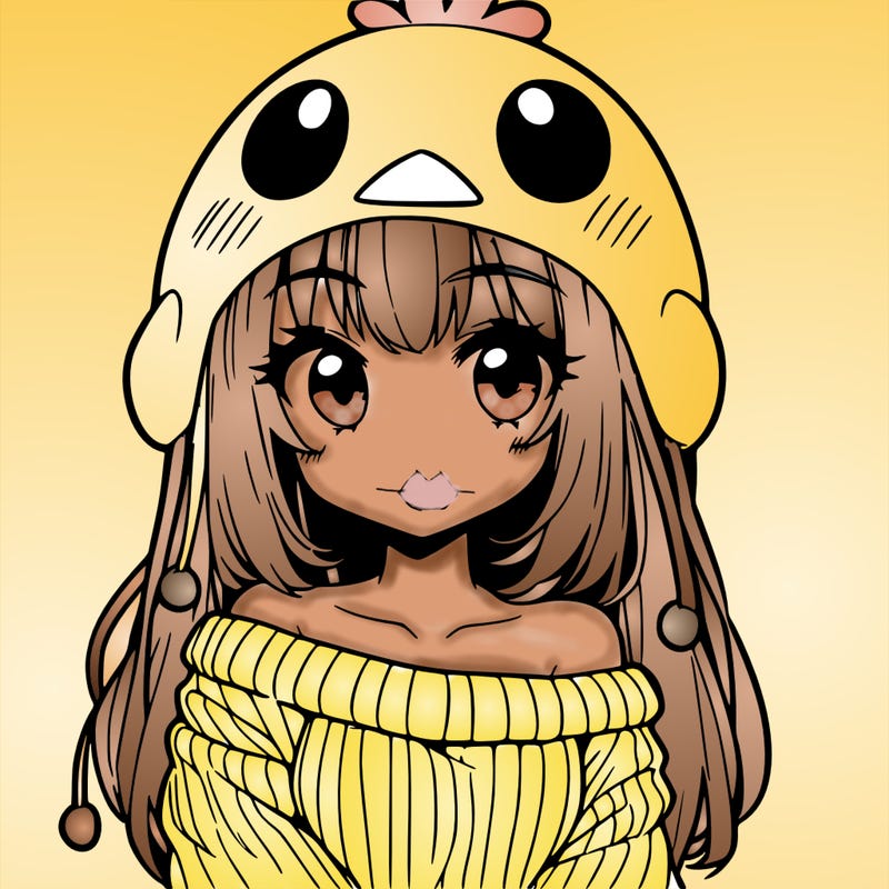 anime girl with chick shaped hat with sweater with bare shoulders with bangs covering them one eye with low tail