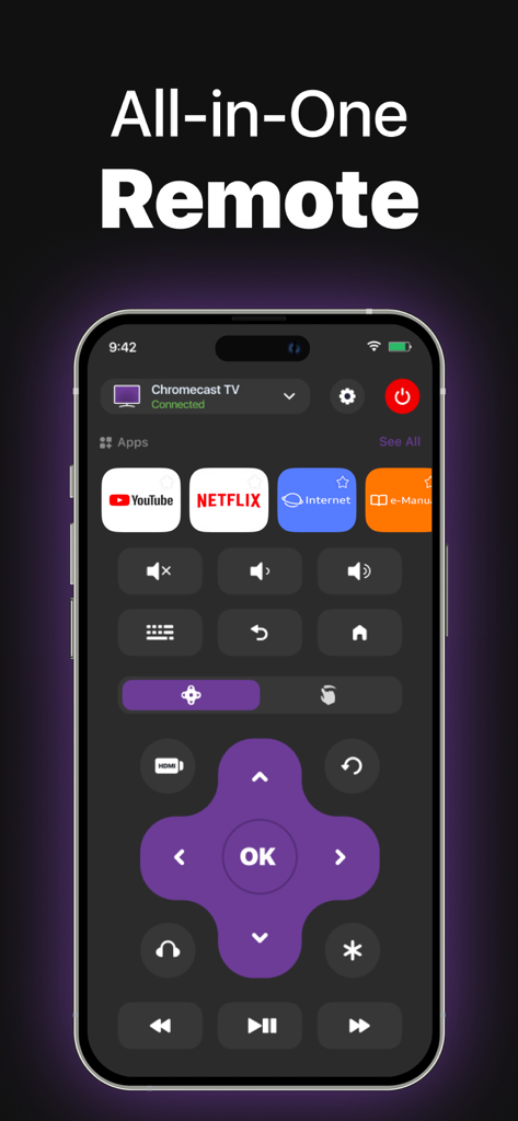 Universal TV Remote App - Interfaz de la aplicación Universal TV Remote en iPhone con controles de navegación digital y accesos directos a aplicaciones de streaming.