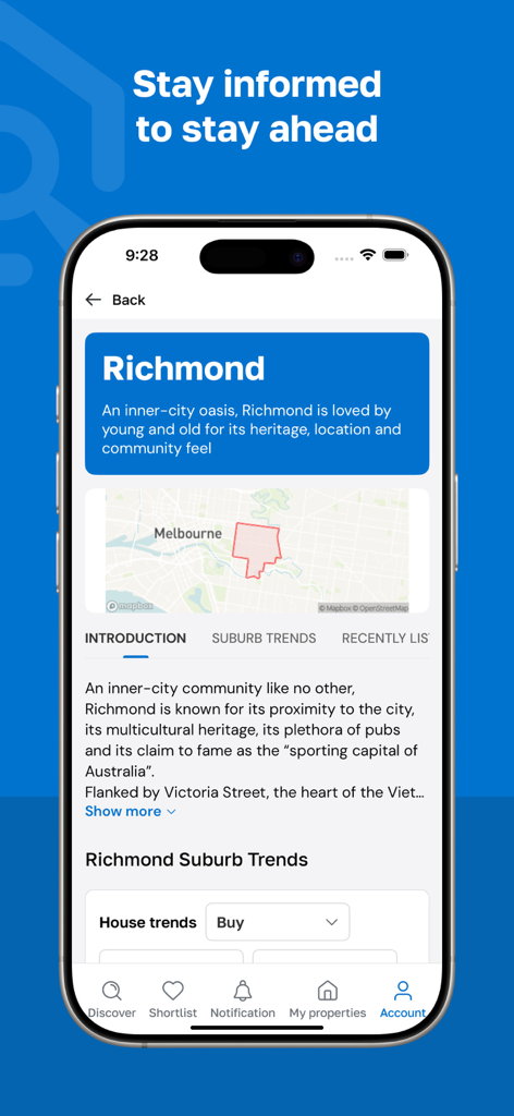 view.com.au - Smartphone screen showing Richmond suburb profile with map and market trends in the view.com.au real estate app