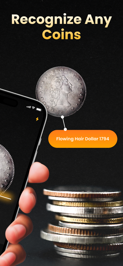 Coin ID Scanner: Value Checker - Un smartphone usando una aplicación para reconocer una moneda de Dólar Flowing Hair de 1794