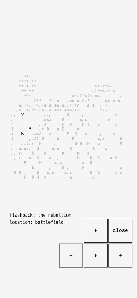 The Ensign - ASCII art battlefield map and directional navigation controls in The Ensign mobile game