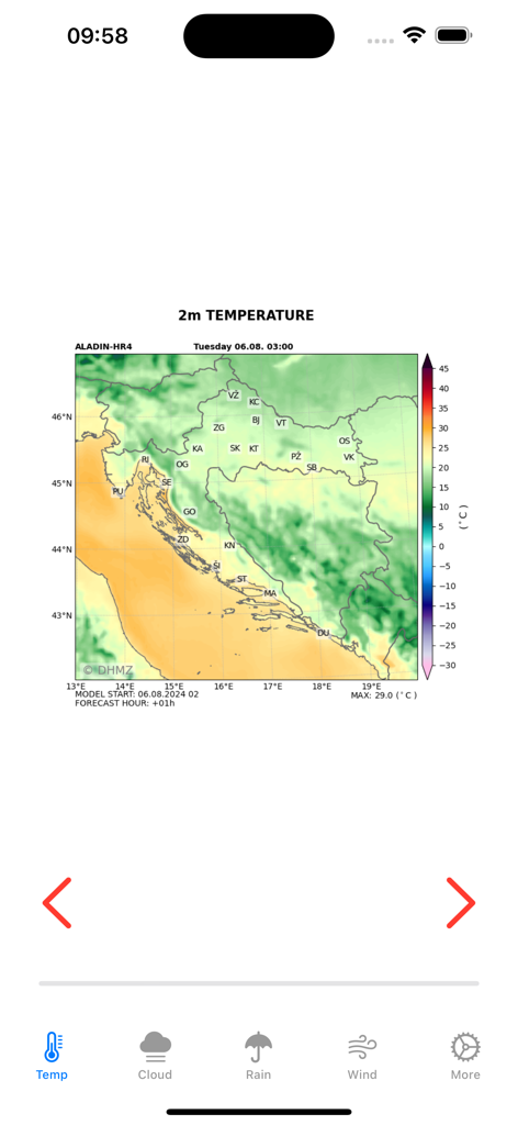 Interfaz de la aplicación móvil CroForecast mostrando un mapa de temperatura de 2m para Croacia.