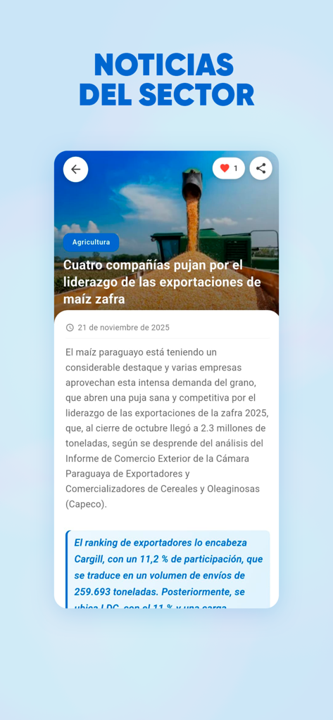 Productiva CM - Tela de notícias do agronegócio no aplicativo móvel Productiva CM em espanhol.