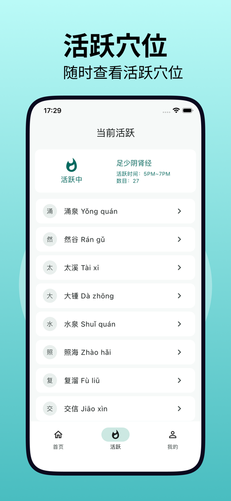 人体穴位图解 - Mobile screen showing active acupuncture points and Kidney Meridian details.