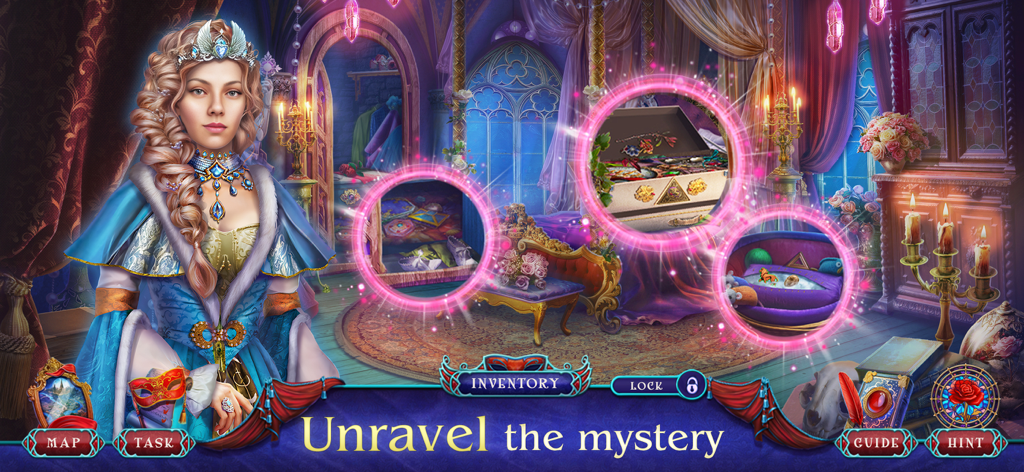 Cursed Fables 5: Adventure - Hidden object puzzle scene in Cursed Fables 5 Adventure featuring Margaret the fortune teller in a royal setting