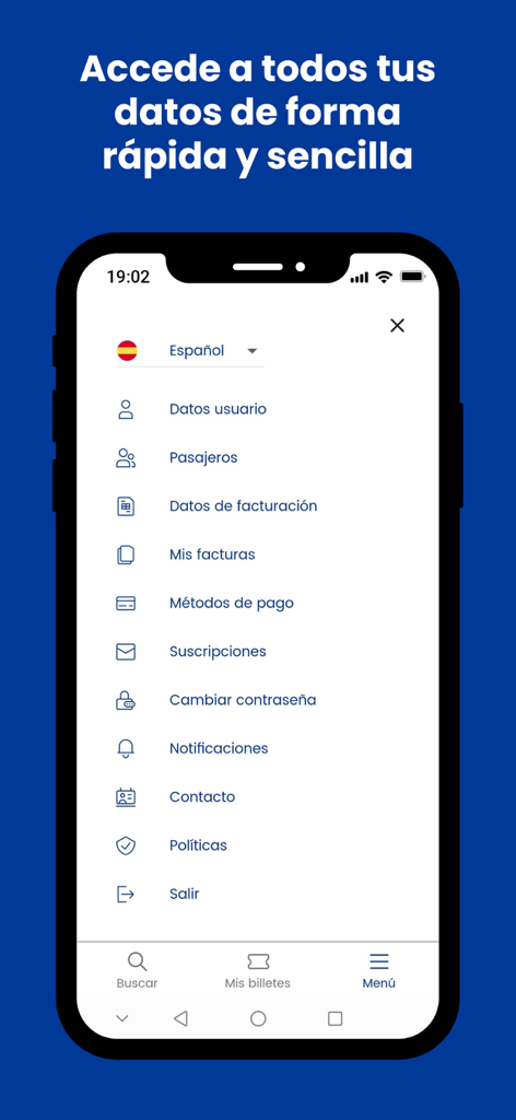 User account and profile settings menu in the Trenes.com mobile app