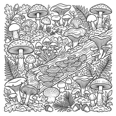 Step into a whimsical woodland with this captivating coloring page, rich with a variety of mushrooms and fungi. Perfect for nature lovers, it offers an immersive journey into the forest's hidden wonders.