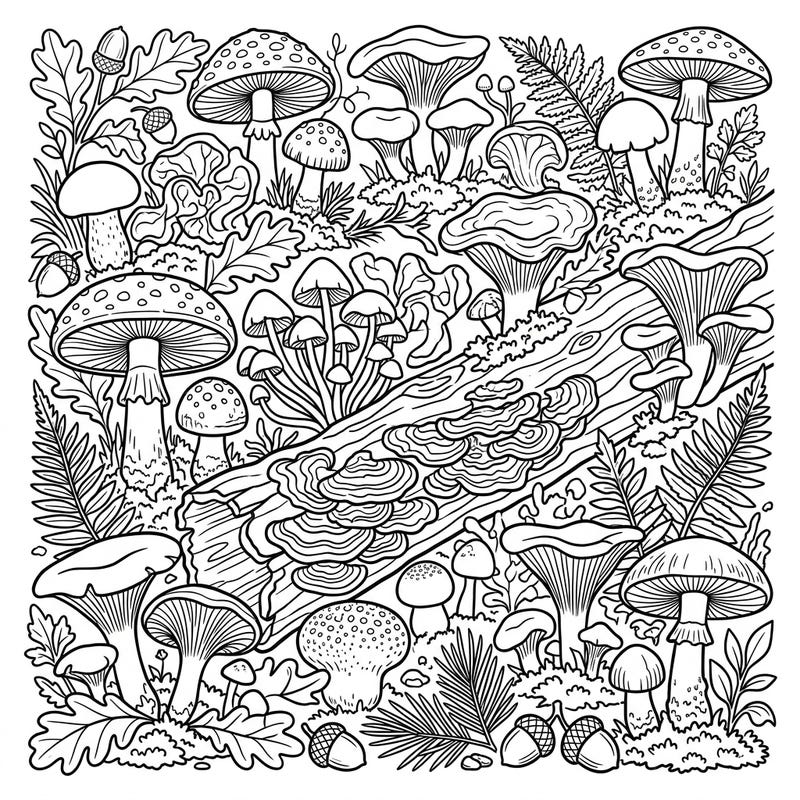 Step into a whimsical woodland with this captivating coloring page, rich with a variety of mushrooms and fungi. Perfect for nature lovers, it offers an immersive journey into the forest's hidden wonders.