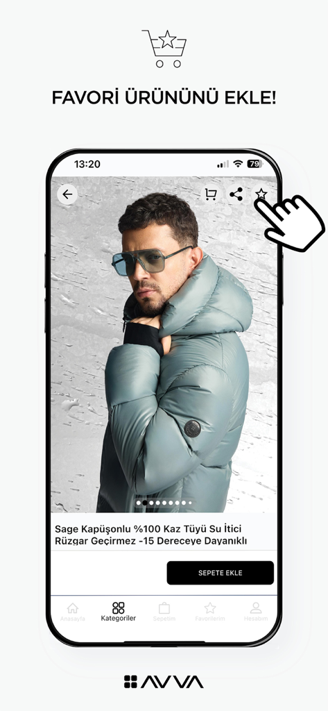 AVVA | Online Alışveriş - AVVA mobile app interface showing a men's puffer jacket product page with a hand clicking the star icon to add to favorites.