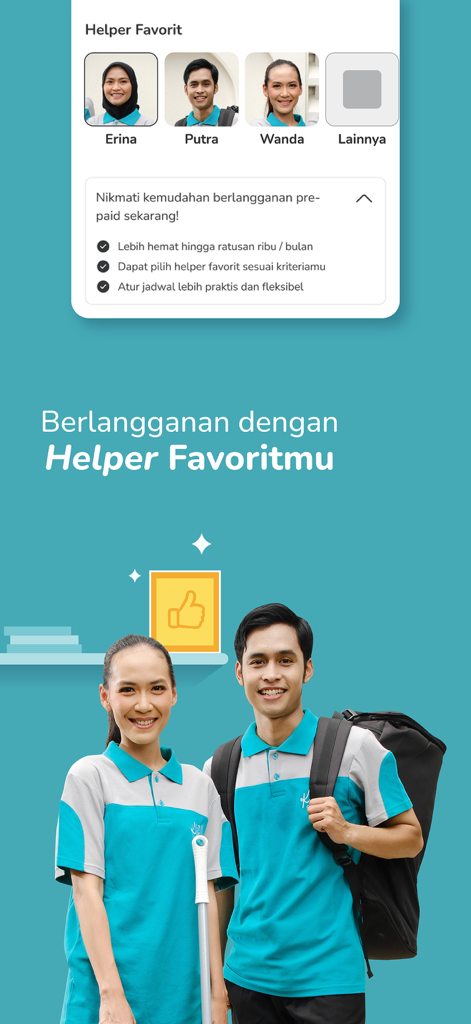 KliknClean - Zwei professionelle Reinigungskräfte in Uniformen unter einer App-Oberfläche, die Profile von Lieblingshelfern und Vorteile von Abonnements zeigt
