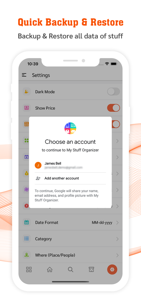 My Stuff Personal Organizer - My Stuff Organizer settings screen showing backup and restore options with a Google sign-in popup