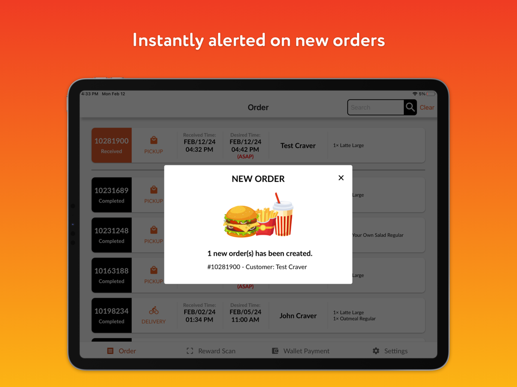 Craver Restaurant - New order notification on the Craver Restaurant iPad app