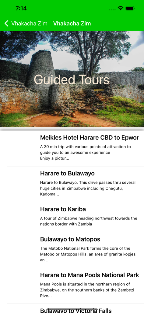 Vhakacha Visit Zimbabwe - A list of guided travel routes and tours across Zimbabwe within the Vhakacha mobile app.
