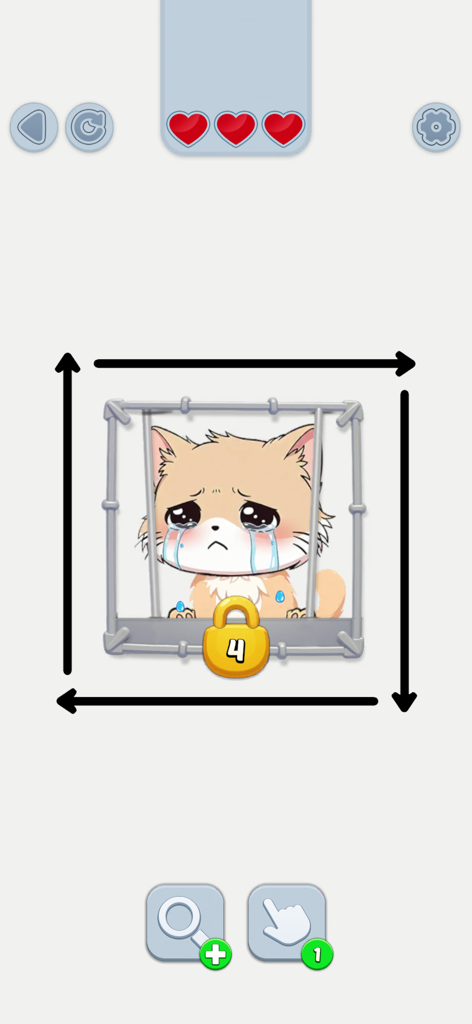 Arrow Rescue: Save the Animal - A crying kitten trapped in a cage surrounded by interactive arrows in Arrow Rescue puzzle game
