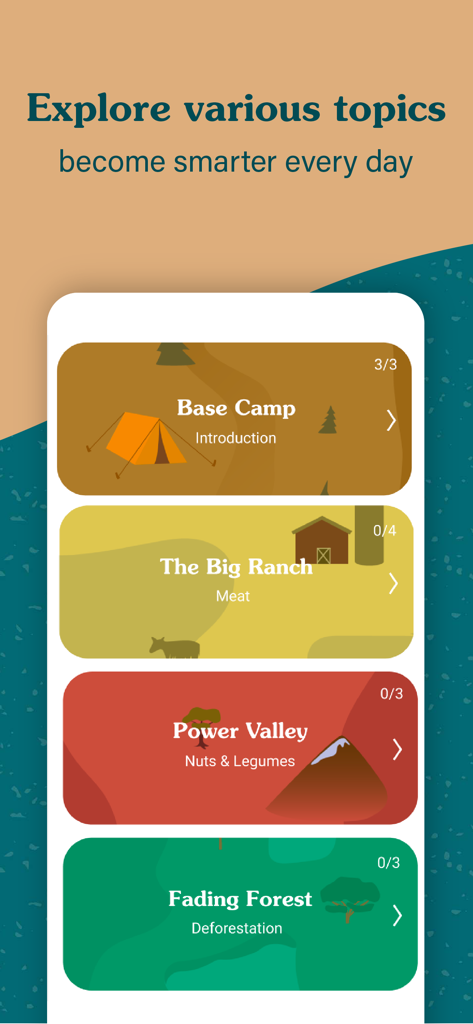 Fork Ranger - sustainable food - A mobile app screen for Fork Ranger displaying educational topics about sustainable food and climate change.