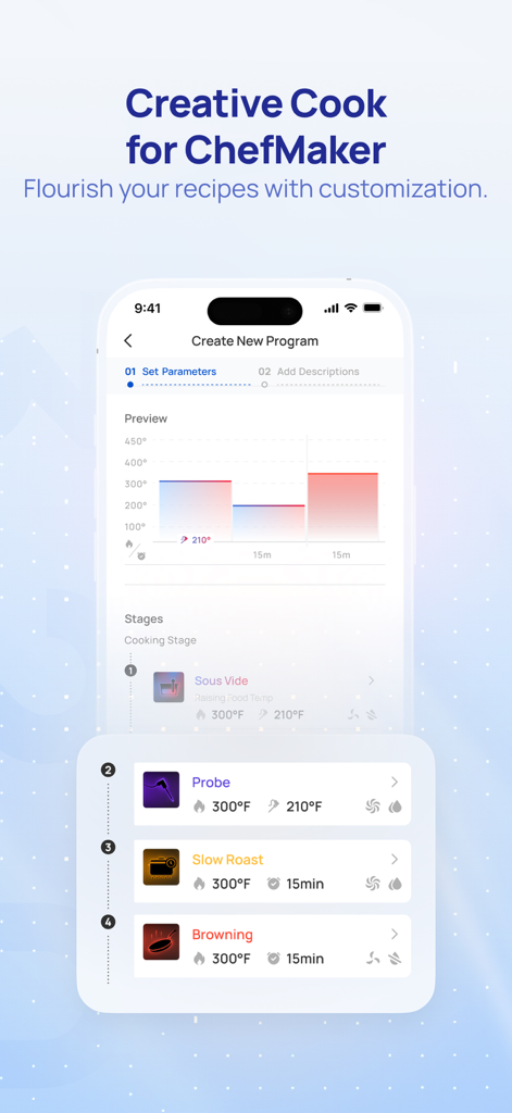 DREO - Interface of the DREO app showing the ChefMaker custom cooking program creator with multiple cooking stages like sous vide and slow roast.