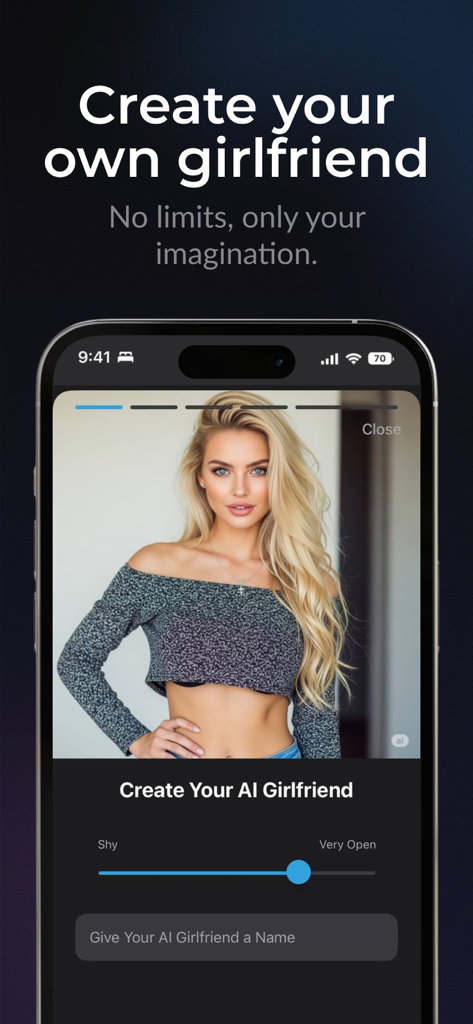 AI Girlfriend Chat: Roleplay - An interface for creating a custom AI girlfriend with a personality slider and character photo