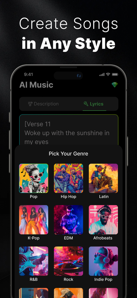 AI Cover&Music Maker ·Bach AI - Una interfaz móvil de la aplicación Bach AI que muestra una lista de géneros musicales que incluyen Pop, Hip Hop y K-Pop para la creación de canciones.
