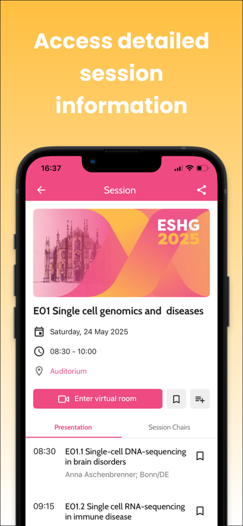 Screenshot of the ESHG mobile app displaying detailed session information for a human genetics conference