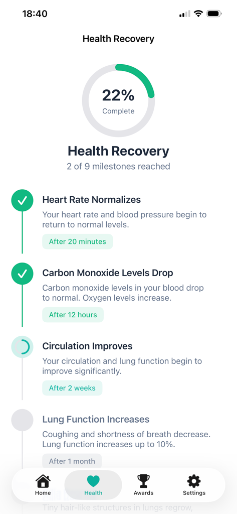 A health recovery dashboard in the SmokeFree Journey app showing progress milestones for quitting smoking