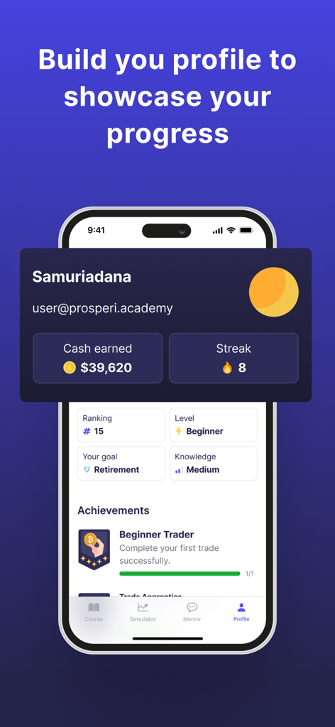 Prosperi Academy app user profile showing trading progress cash earned and achievement badges.