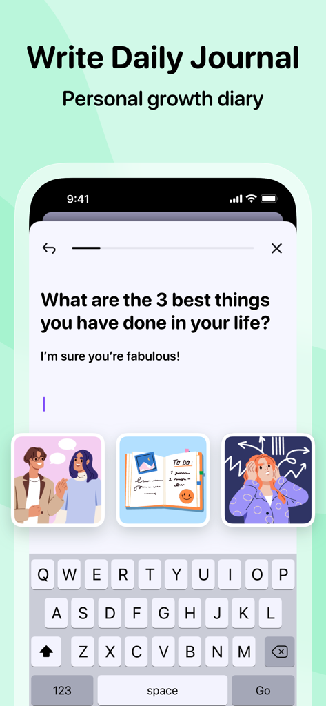 Me+ Lifestyle Routine - Interfaccia dell'app Me+ Lifestyle Routine che mostra la funzione del diario giornaliero e del diario di crescita personale con un suggerimento riflessivo