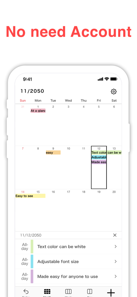 Screenshot of N Calendar app showing a minimalist monthly calendar interface with the header No need Account.