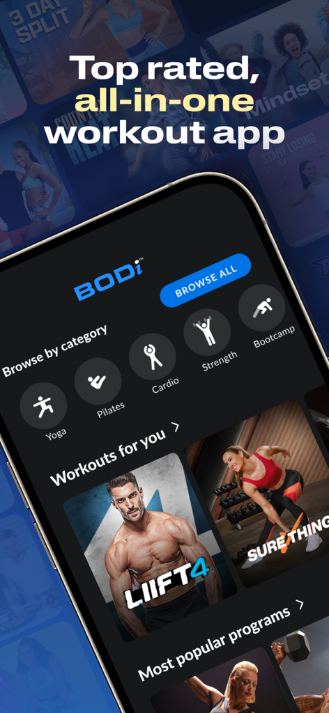 Interface de l'application de fitness BODi sur un smartphone montrant les catégories d'entraînement et les programmes d'entraînement vedettes