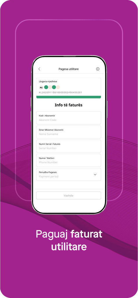 ProCredit Bank Albania - Interfaz de la aplicación móvil de ProCredit Bank Albania para pagar facturas de servicios públicos