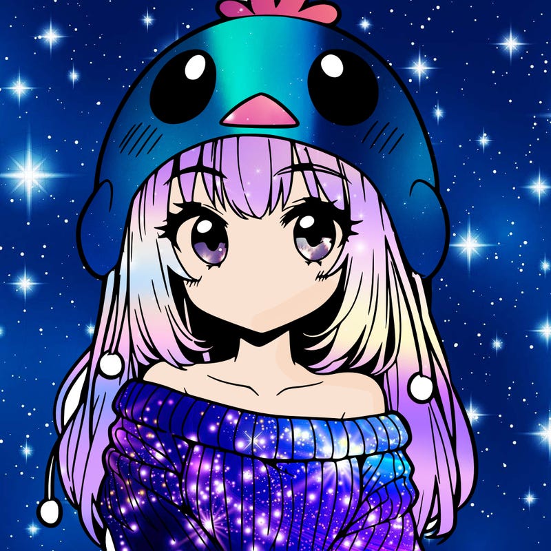 anime girl with chick shaped hat with sweater with bare shoulders with bangs covering them one eye with low tail