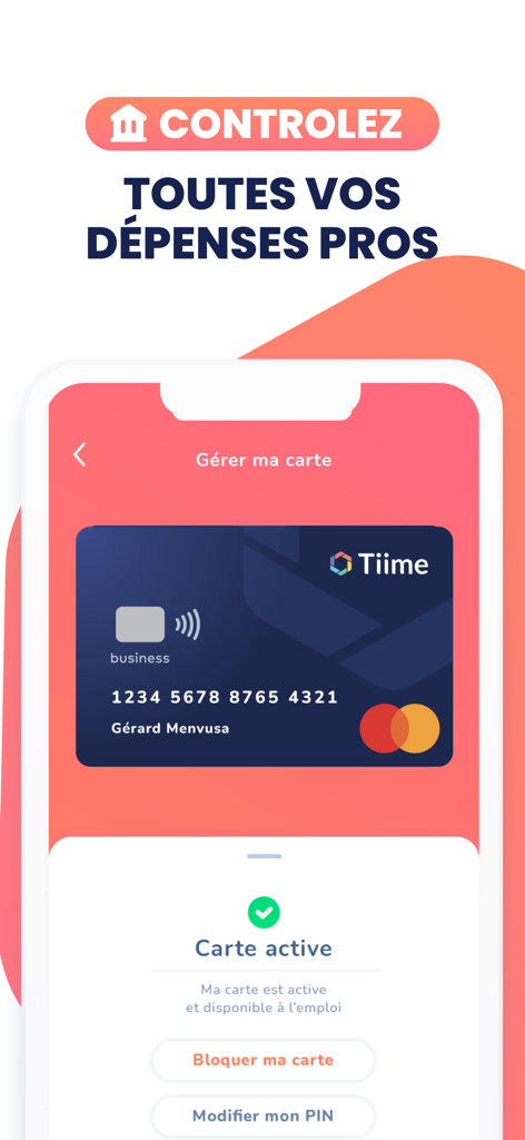 Tiime App-Bildschirm, der eine geschäftliche Mastercard und professionelle Spesenmanagement-Funktionen zeigt