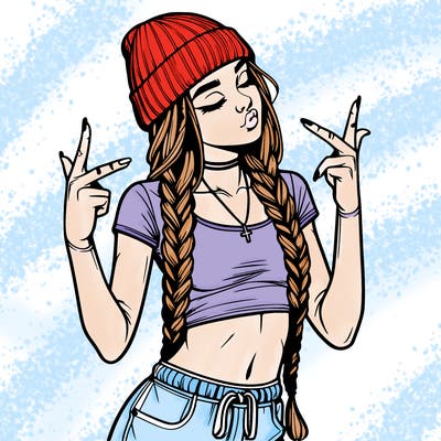 realistic teenage girl with braids and a beanie and crop top doing 🫶🏼