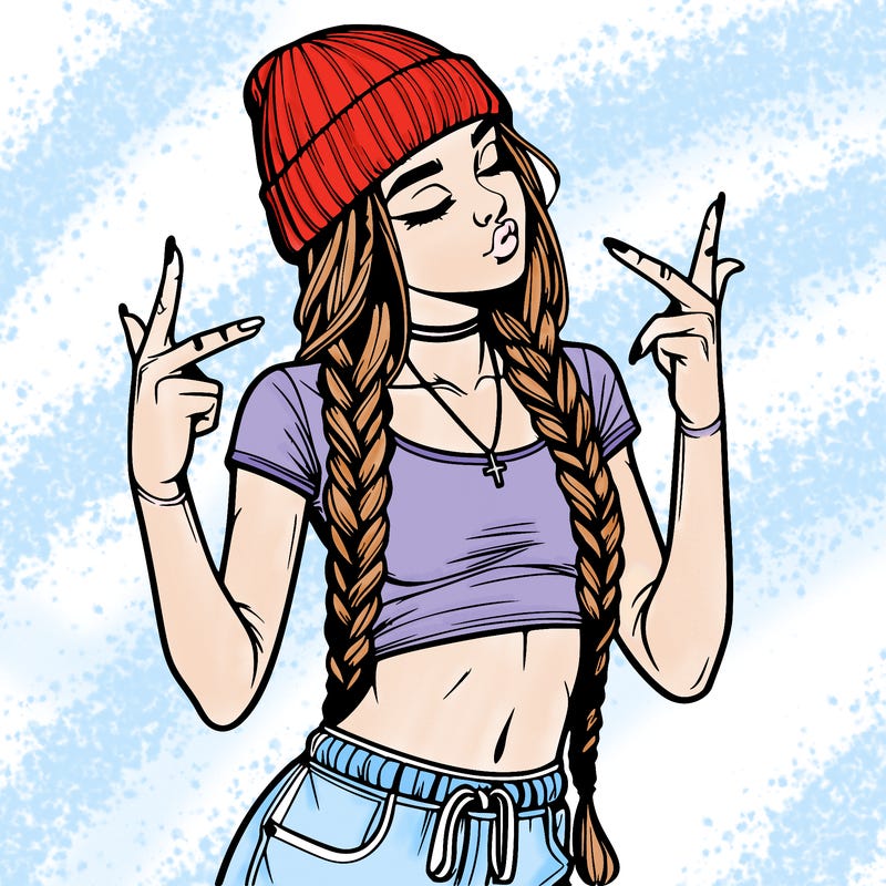 realistic teenage girl with braids and a beanie and crop top doing 🫶🏼
