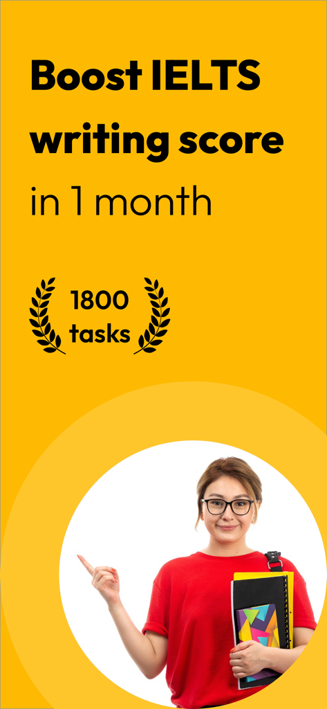 IELTS Writing Tests - Promotional graphic for IELTS Writing Tests app featuring a student and text about boosting scores in one month with 1800 tasks