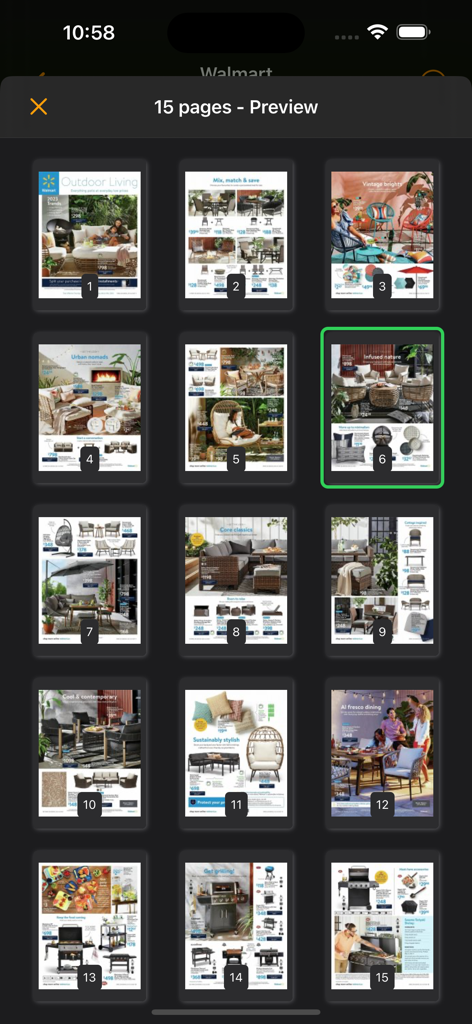 All Flyers (Canada) - A preview grid showing fifteen pages of a Walmart retail flyer with outdoor furniture and BBQ deals
