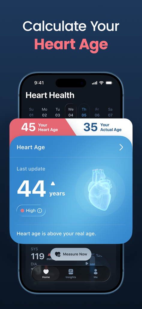 Heartica mobile app screen showing a heart age calculation of 44 years compared to an actual age of 35 years