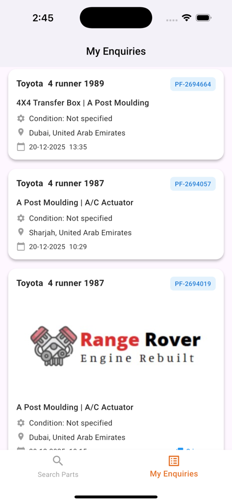 Screenshot da aplicação Partfinder mostrando o ecrã "As minhas pesquisas" com uma lista de pedidos de peças automóveis para veículos Toyota 4Runner