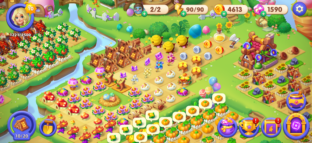 Merge Legends - A vibrant gameplay screenshot of Merge Legends showing a grid filled with various items like pumpkins and flowers on a lush island