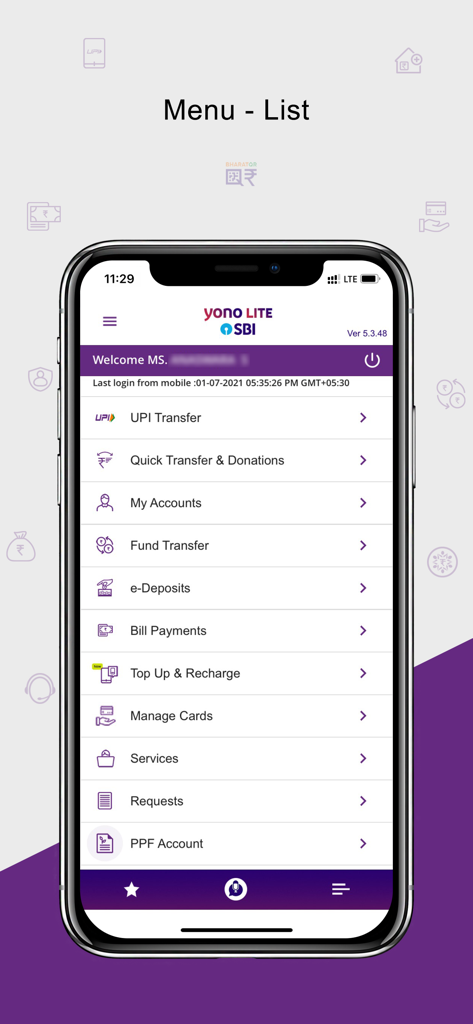 Main menu of the Yono Lite SBI app showing various banking options like UPI transfer, fund management, and bill payments.