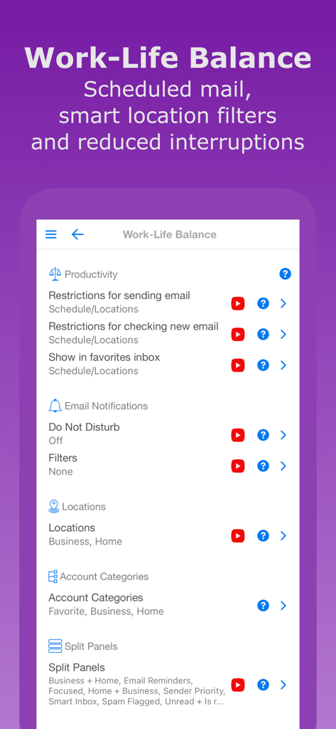 AltaMail app interface showing work life balance settings with scheduled email and location filters