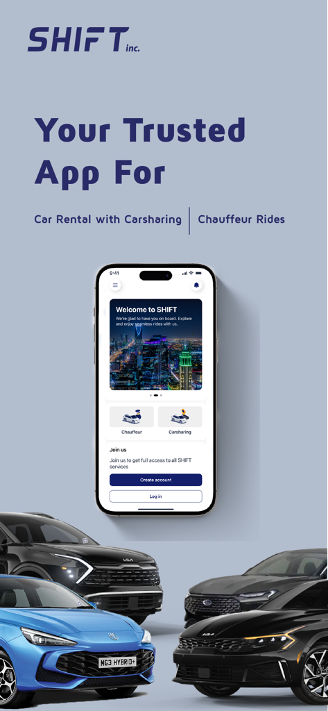 SHIFT 앱 인터페이스: 카셰어링 및 기사 서비스, 프리미엄 차량 포함