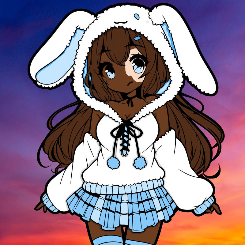 pretty anime girl wearing a fluffy hoodie with bunny ears on the hood and a skirt