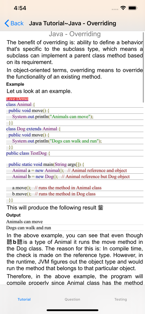 Page de tutoriel Java sur la surcharge de méthode présentant un exemple de code et une explication