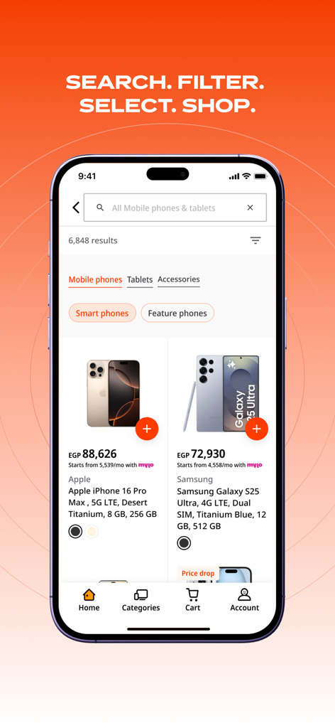B.TECH app interface showing search results for smartphones including iPhone and Samsung Galaxy with installment payment options