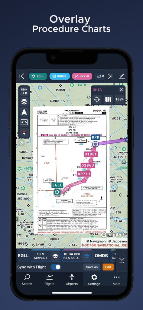Navigraph Charts - Jeppesen出発チャートがフライトシミュレーションマップ上にオーバーレイされています。