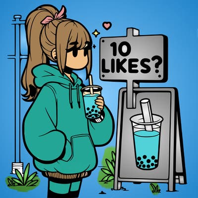 girl with oversized hoodie drinking boba and she has a high ponytail with a sign that says 10likes?